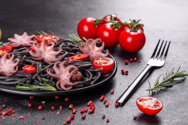 Nudeln mit schwarzen Meeresfrüchten, Garnelen, Tintenfisch und Muscheln. Mediterranes Gourmet-Essen. Schwarze Nudeln mit Tintenfisch auf einer schwarzen Steinplatte