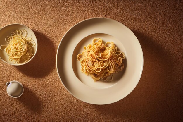 Nudeln mit Tomatensoße, Käse und Basilikum auf dem Tisch in der KücheSelective Focus 2D Illustration