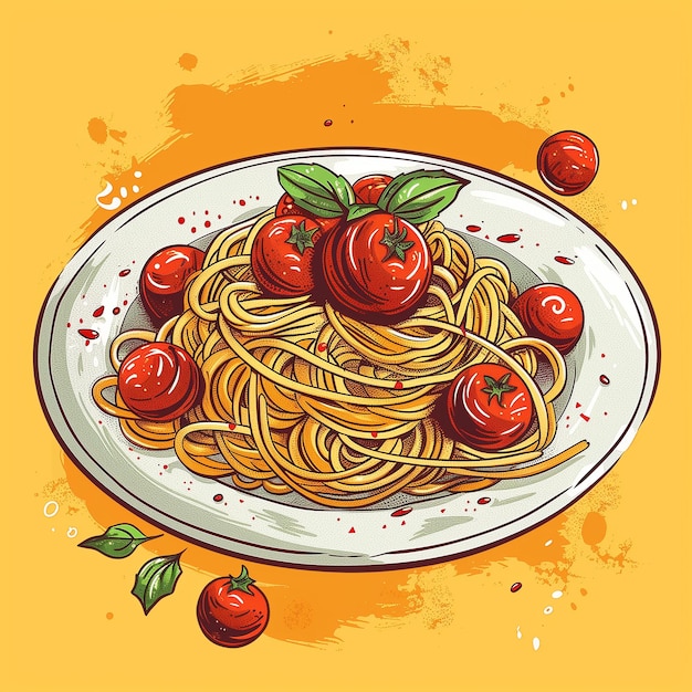 Nudeln-Pasta mit Basilikablatt und Tomate auf weißem Teller mit Gabel Illustrationskizze