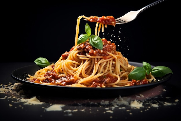 Nudelspaghetti mit Tomatensauce mit dunklem Hintergrund