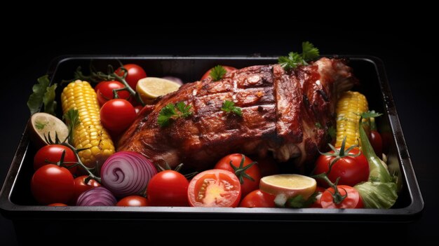 nudillo de cerdo asado con verduras y limón sobre un fondo negro