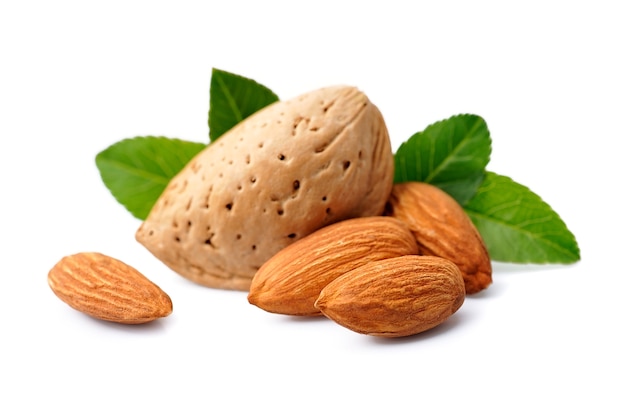 Nueces de almendras con hojas aisladas sobre fondos blancos.