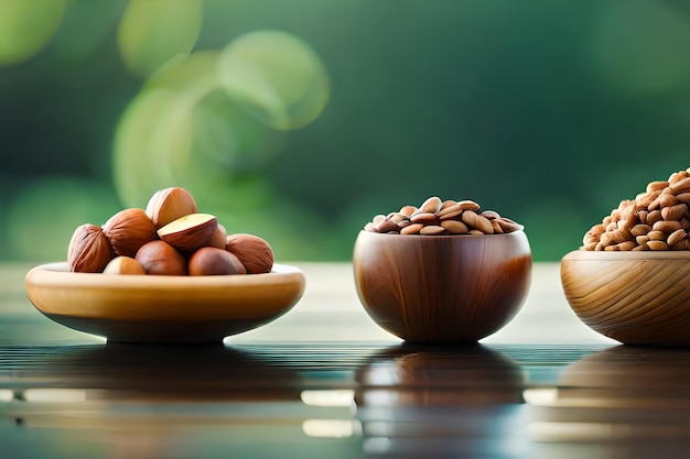 nueces en un bol sobre una mesa de fondo verde