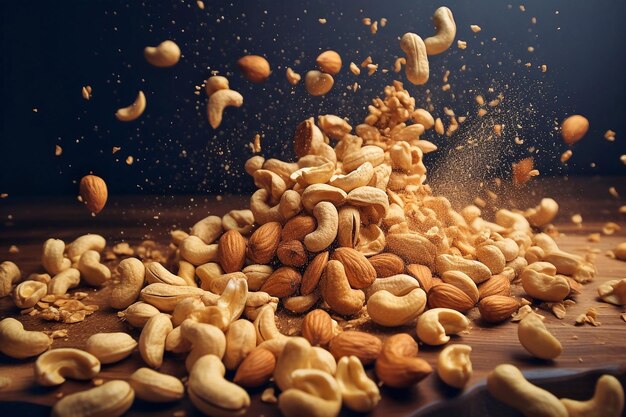 Las nueces de caju asadas caen en un cuenco de madera