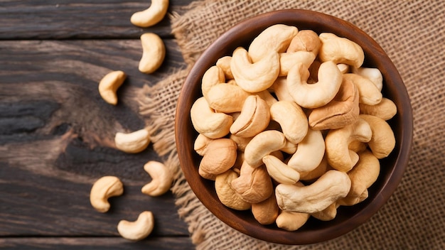 Nueces de caju en un cuenco de madera sobre un fondo de tela de arpillera