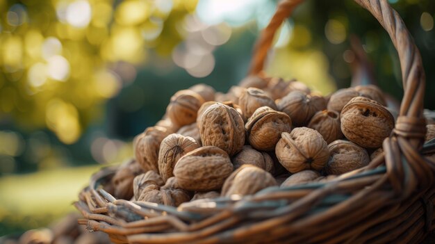 Nueces en una canasta de la loggia en la naturaleza