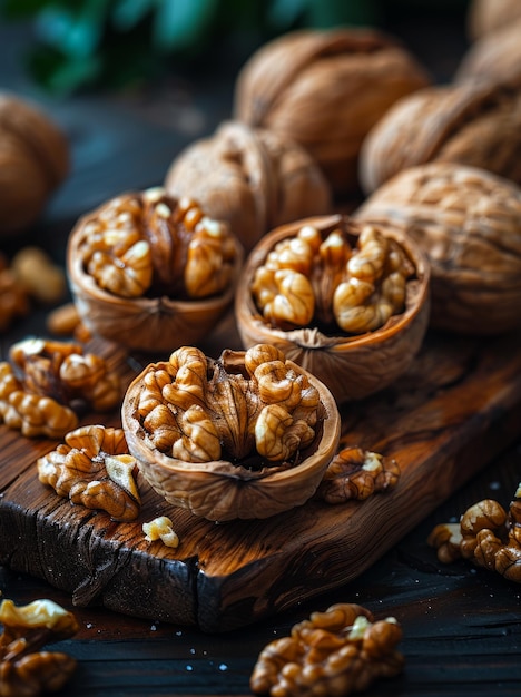 Nueces con cáscara en una mesa de madera