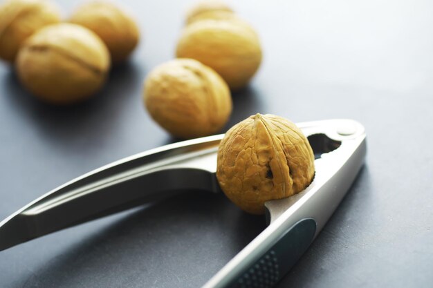 Nueces en una cáscara sobre un fondo gris Cascanueces y dispersión de nueces