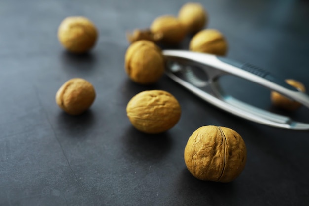 Nueces en una cáscara sobre un fondo gris Cascanueces y dispersión de nueces