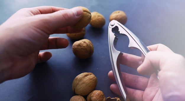 Nueces en una cáscara sobre un fondo gris Cascanueces y dispersión de nueces