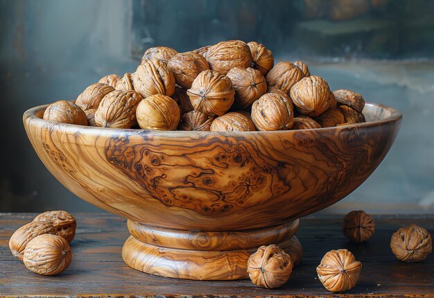 nueces en un cuenco de madera en un hoyo de nuez