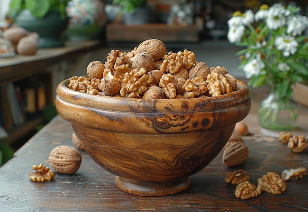 nueces en un cuenco de madera en un hoyo de nuez