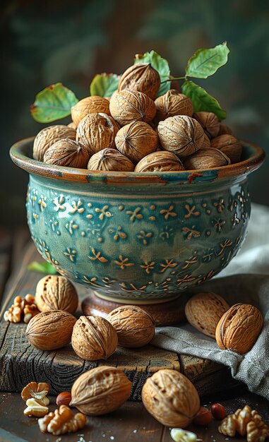 Nueces en un cuenco en una mesa de madera