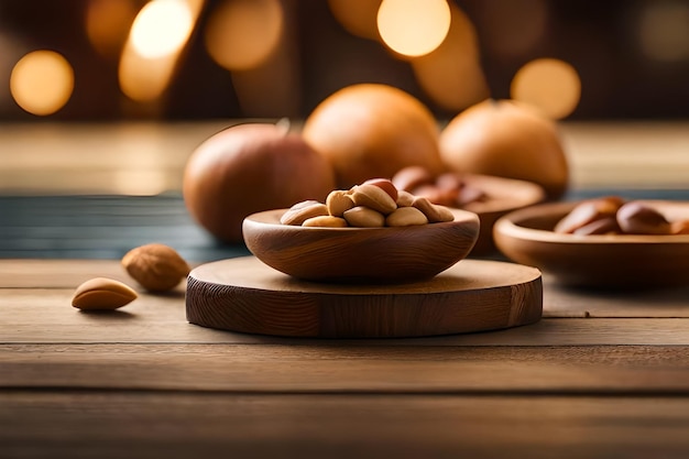 Foto nueces en un cuenco en una mesa de madera