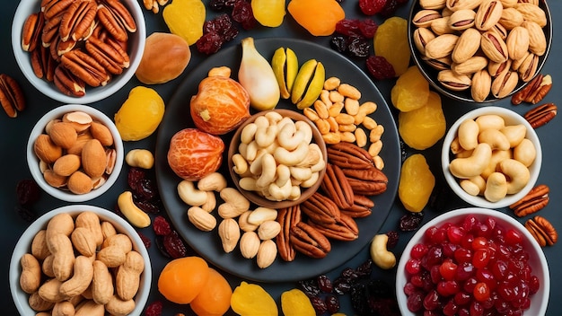 Foto nueces y frutas secas en diferentes cuencos y platos con nueces, pistachos, almendras y cacahuetes