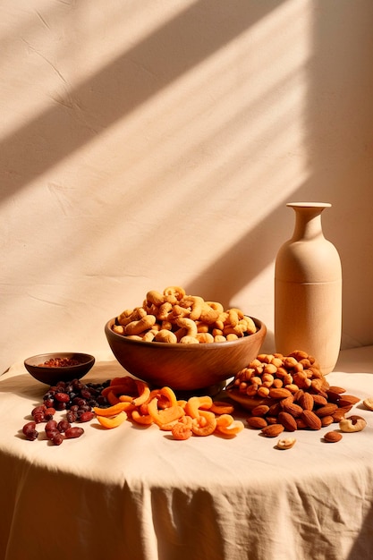 Nueces y frutas secas en la mesa Foco selectivo Alimentos