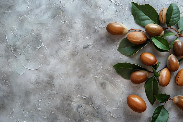 Foto nueces y hojas de argán en una superficie texturizada
