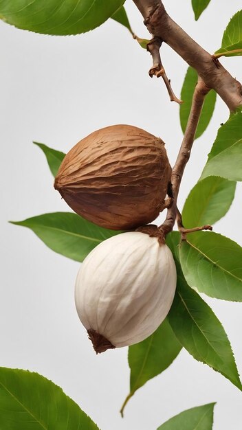 Nueces y hojas de karité aisladas sobre un fondo blanco