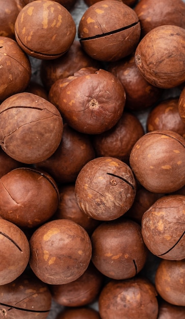 Las nueces de macadamia se cierran para arriba. Desayuno, comida sana. Se puede utilizar como fondo.