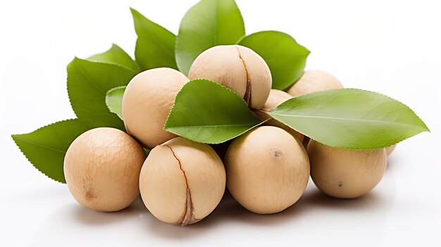 Nueces de macadamia en un fondo blanco con hojas saludable sabroso espacio de copia IA generativa