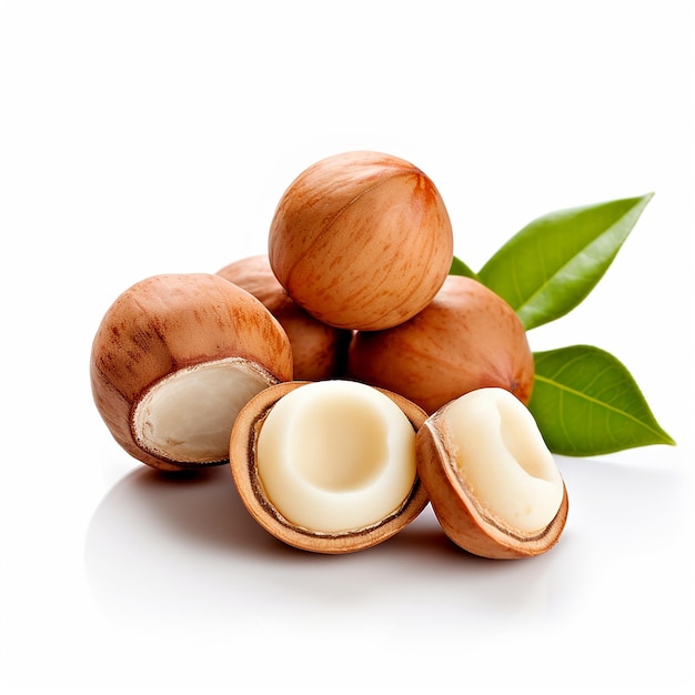 Nueces de macadamia sobre un fondo blanco