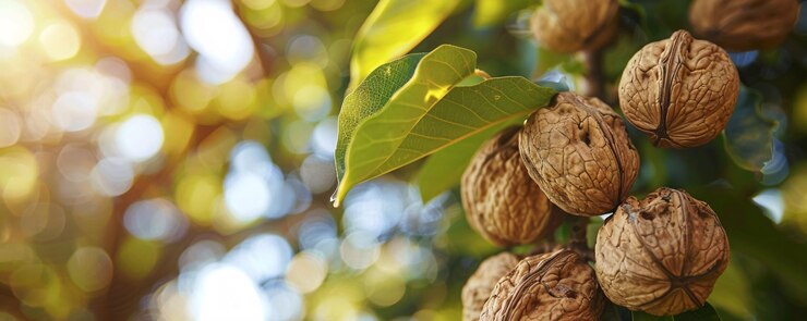 Nueces madurando en una rama con hojas verdes exuberantes en la luz del sol del huerto