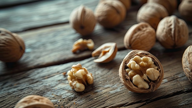 Nueces en una mesa de madera IA generativa