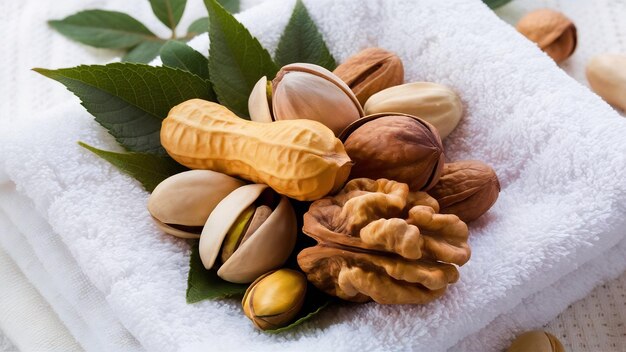 Nueces mixtas en toalla grupo de diferentes nueces cacahuete pistacho nueces orgánicas