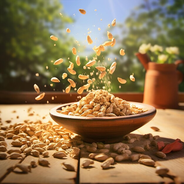 Nueces molidas cacahuetes en cáscara en un fondo natural generado por la IA