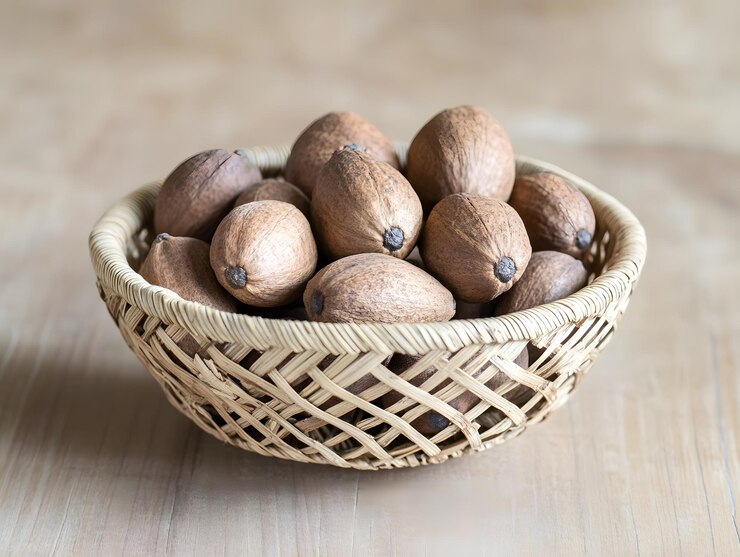Nueces moscadas en una canasta de bambú tejida colocadas en una mesa de madera limpia y ligera
