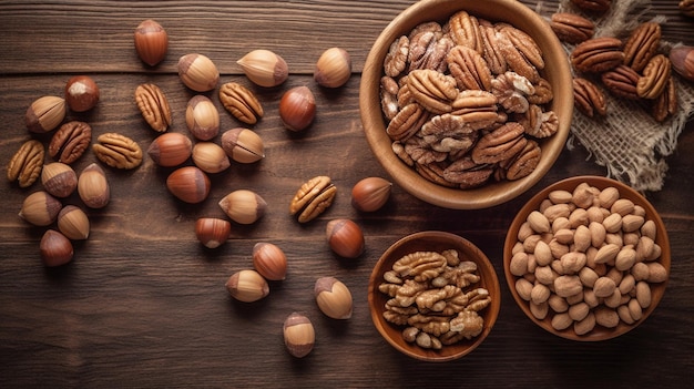 Foto nueces de pecan en una mesa de madera rústica