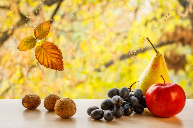 Nueces, peras amarillas, uvas, manzana roja y hojas secas en el cristal de la ventana con gotas de agua en el fondo natural borroso. Gotas de lluvia y hojas caídas sobre un cristal de ventana con árboles de otoño en el fondo.