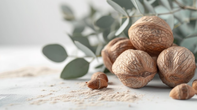 Nueces con plantas de eucalipto sobre un fondo blanco