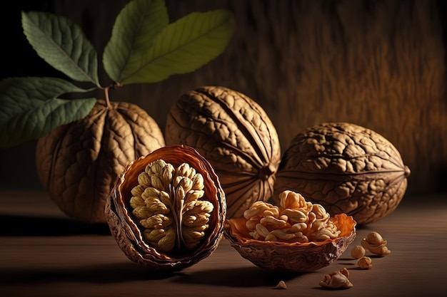 Nueces en sus cáscaras y sin llenar la imagen Nueces frescas están en el fondo