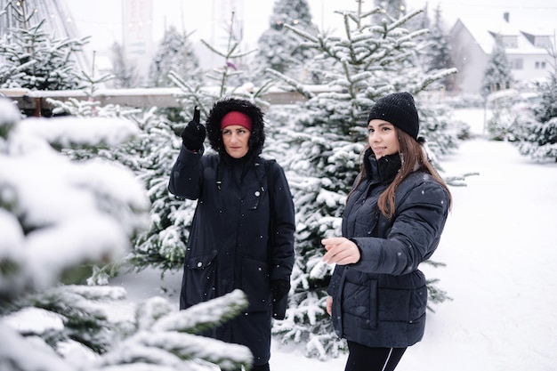 La nuera ayuda a comprar un árbol de navidad para la suegra al aire libre en la feria nevada