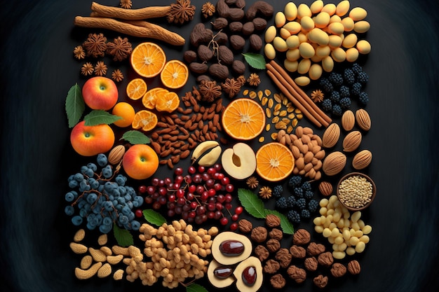 Nüsse und Trockenfrüchte Cashewnüsse, Haselnüsse, Erdnüsse, Rosinen, Schneeball und getrocknete Aprikosen