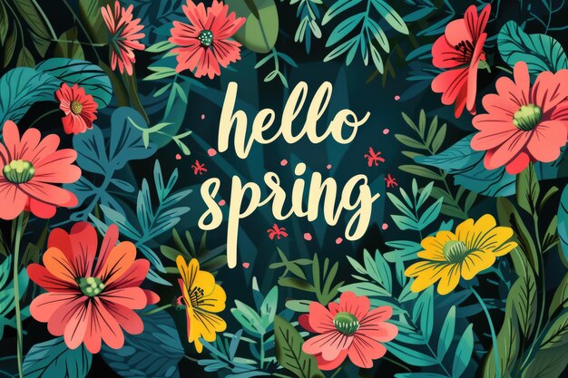 Nuestra inscripción "Hola primavera" sobre un telón de fondo de flores vibrantes captura