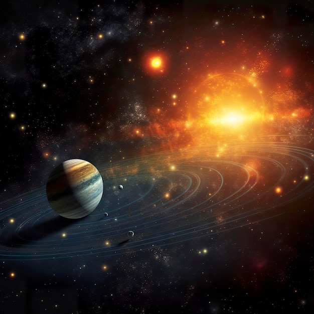 Foto nuestro sistema solar 3d con planetas en órbitas