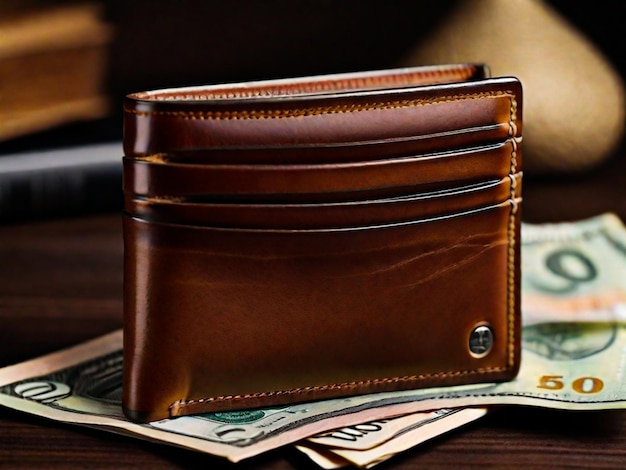 nueva billetera de cuero marrón con billetes y tarjeta de crédito en el interior