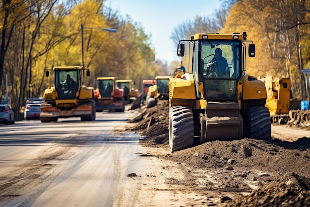Foto una nueva carretera está en construcción con varias piezas de equipo pesado