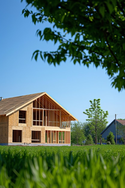 Nueva casa en construcción con un campo verde en el frente