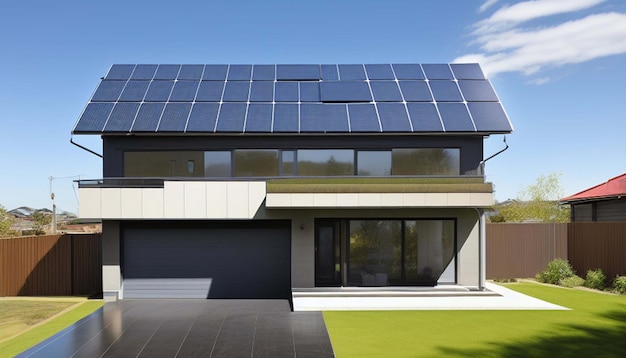 Nueva casa suburbana con un sistema fotovoltaico en el techo Moderna casa pasiva ecológica con tan
