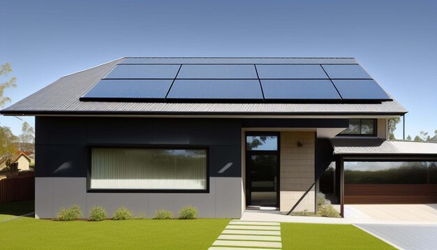 Nueva casa suburbana con un sistema fotovoltaico en el techo Moderna casa pasiva ecológica con tan