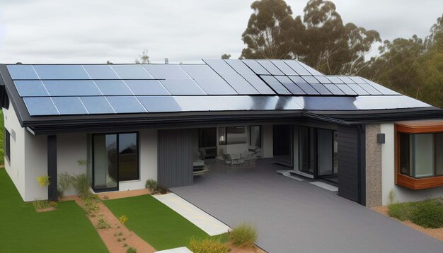 Nueva casa suburbana con un sistema fotovoltaico en el techo Moderna casa pasiva ecológica con tan