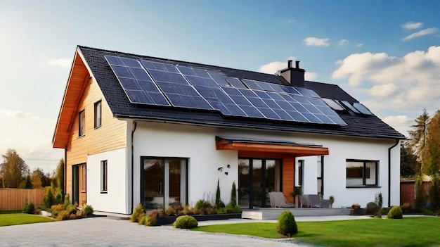 Nueva casa suburbana con un sistema fotovoltaico en el techo Moderna casa pasiva ecológica