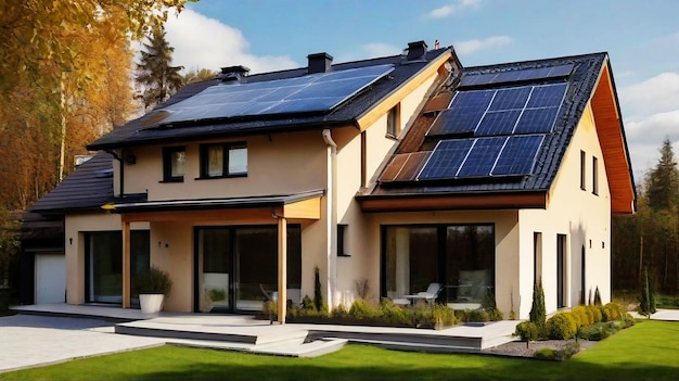 Nueva casa suburbana con un sistema fotovoltaico en el techo Moderna casa pasiva ecológica