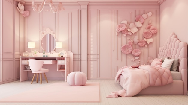 Nueva decoración de la habitación de las niñas rosa elegante habitación de la pequeña princesa rosa con escritorio y silla