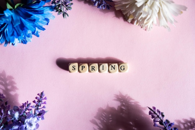 La nueva estación del año, primavera, palabra de primavera sobre un fondo rosa, violeta, con flores detrás, 20/21 de marzo hemisferio norte, 22/23 de septiembre hemisferio sur, cambio climático