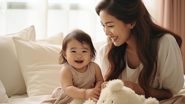 Nueva mamá asiática jugando con un adorable bebé recién nacido en la cama sonriendo y felicidad en casa