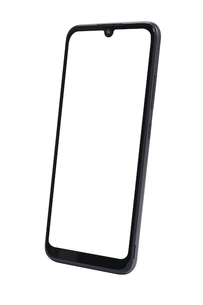 Nueva maqueta de teléfono inteligente sin marco negro moderno con pantalla blanca en blanco Aislada en un fondo blanco con detalles altos